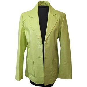 METROSTYLE Leather Jacket Blazer Lime Green Button Front Lined Size 10 Retro